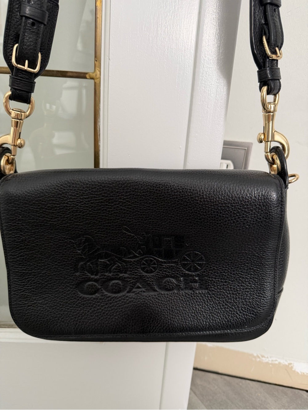 Coach Black Leather Embossed Crossbody with Gold Hardware